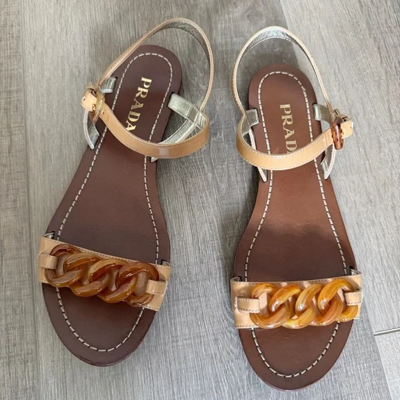 PRADA Leather Nude Sandal 37 Tortoise Shell Style Chain Links Strappy Flat Italy - Picture 14 of 14